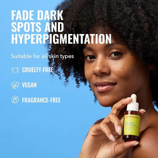 Woman holding a Good Molecules skincare bottle with text about fade dark spots and hyperpigmentation on a blue background