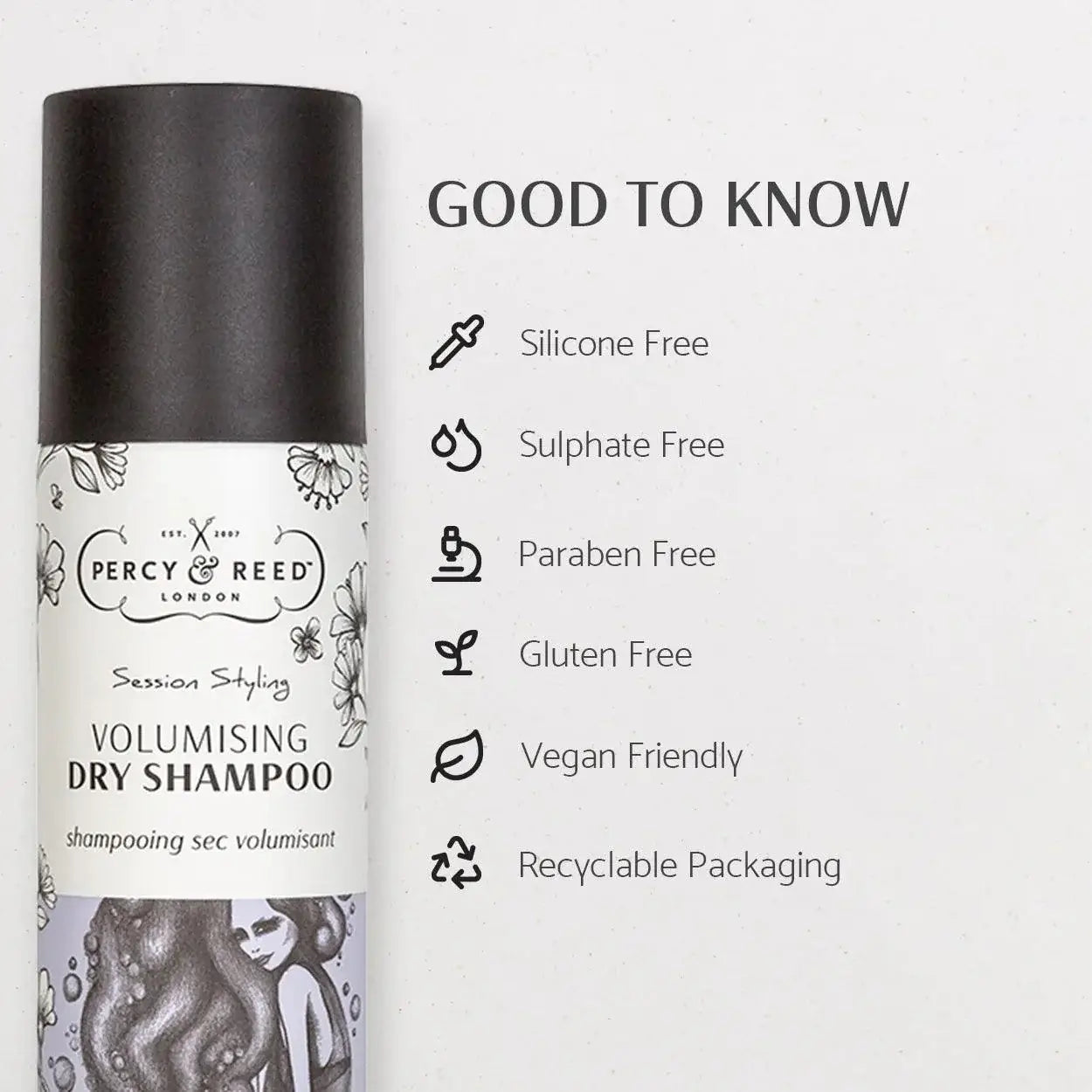 Percy & Reed Volumising Dry Shampoo, highlighting key benefits: silicone, sulphate, paraben, gluten free, vegan, recyclable packaging.