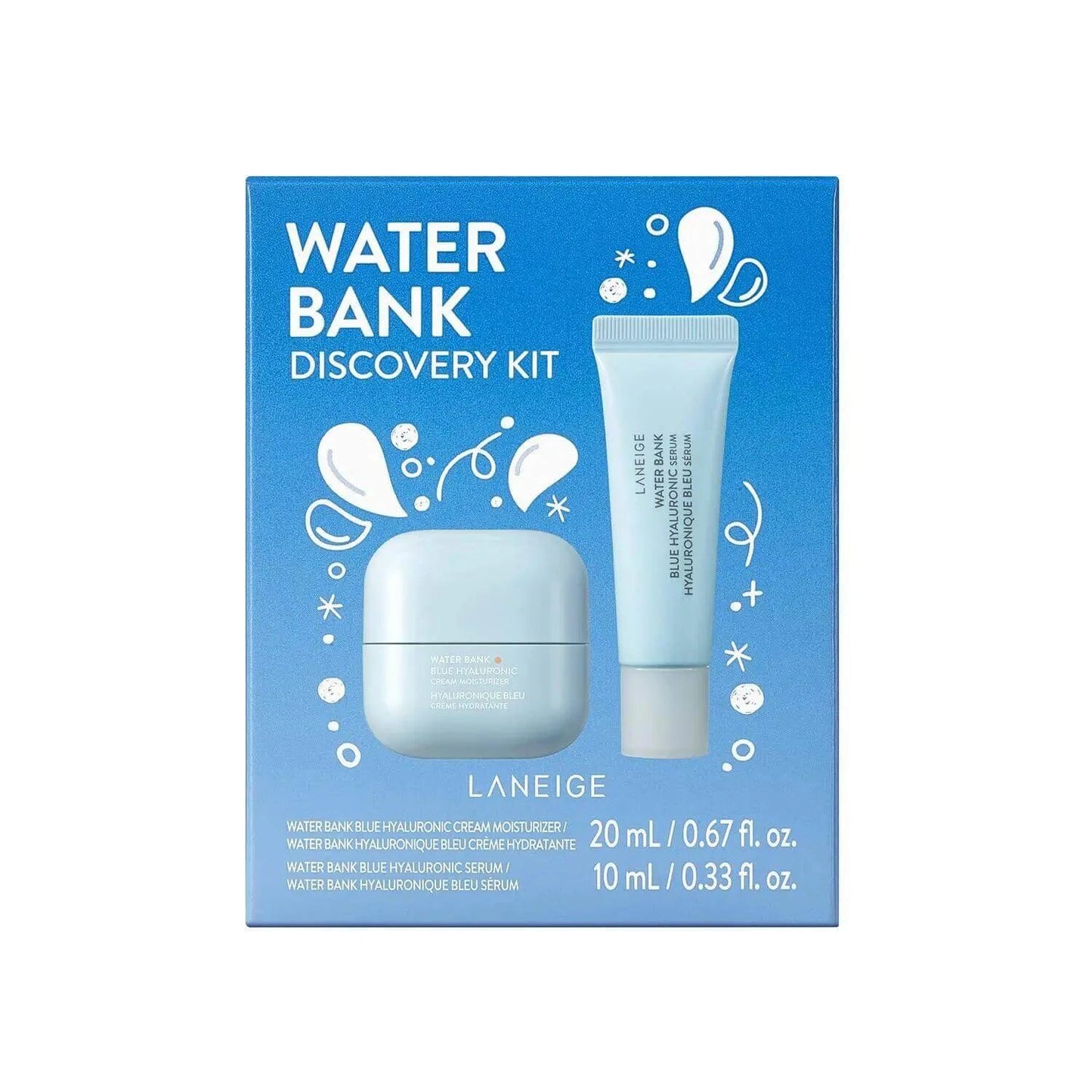 LANEIGE Water Bank Discovery Kit featuring Blue Hyaluronic Cream and Serum for ultimate hydration.