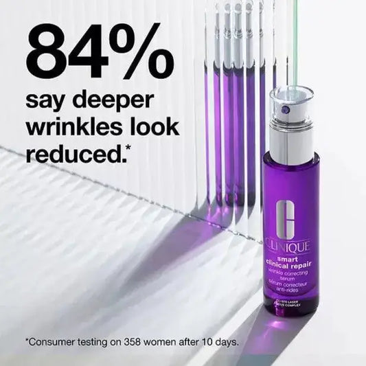 CLINIQUE Smart Clinical Repair Wrinkle Serum showing reduced wrinkles with 84% effectiveness in 10 days.