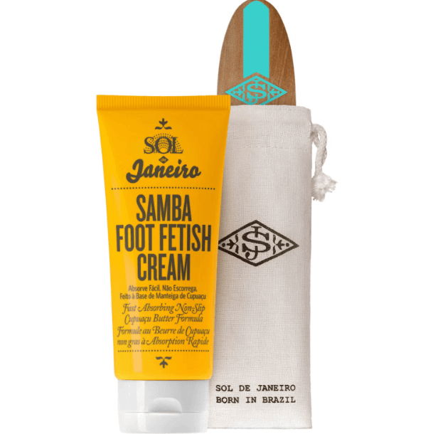 Sol de Janeiro Samba 2-Step Foot Fetish Care 90ml with foot cream and board, promoting smooth and refreshed feet.