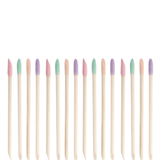 Brushworks Cuticle Crystal Sticks set displaying 16 dual-ended wooden cuticle sticks in pastel colors.