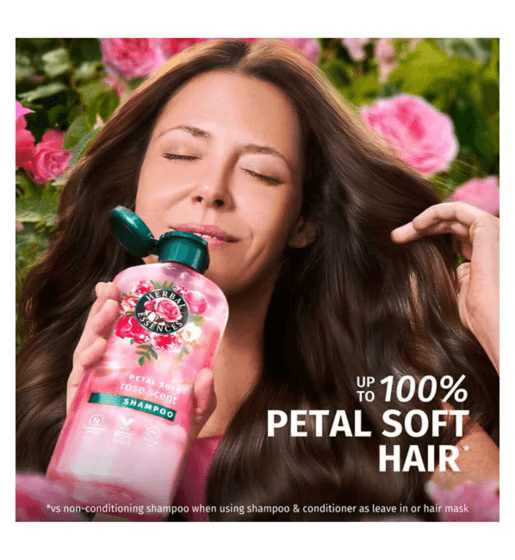 Herbal Essences Petal Soft Shampoo promoting silky hair with rose essence, ideal for vegan and sulfate-free hair care.