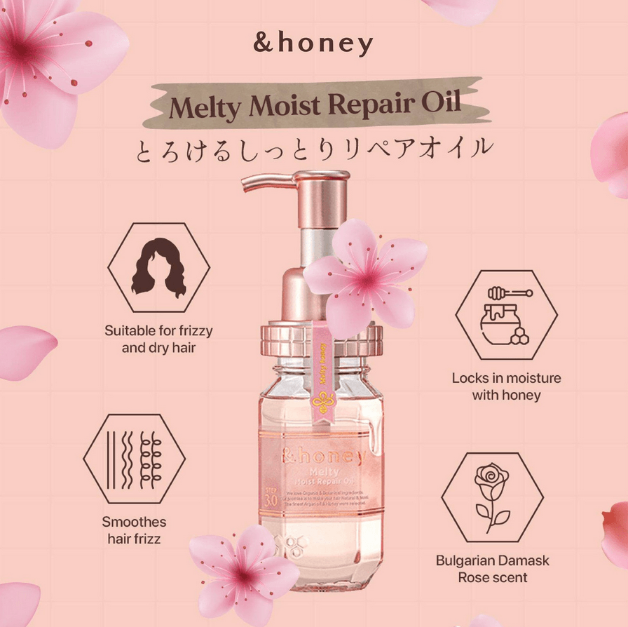 Melty Moist Repair Oil bottle with pink flowers on a pink background, featuring &honey branding.