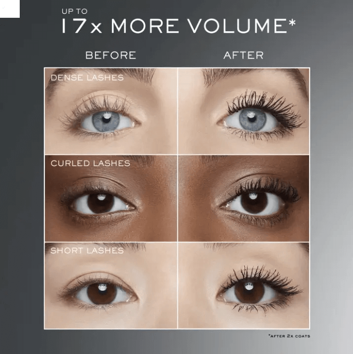 Before and after lash transformation showing up to 17x more volume with Lancôme Hypnôse Drama Mascara.