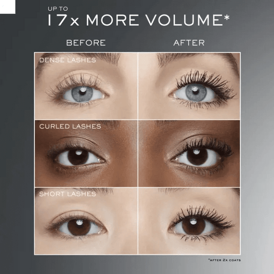 Before and after lash transformation showing up to 17x more volume with Lancôme Hypnôse Drama Mascara.