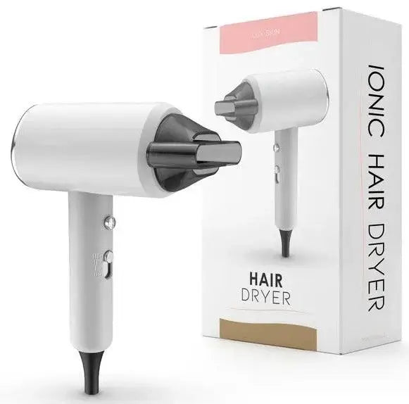 LUX SKIN® Ionic Hair Dryer in white with packaging, showcasing sleek design and features for fast drying.