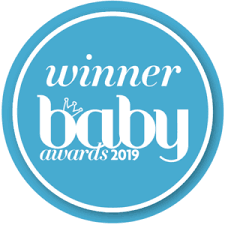 Baby Awards 2019 winner badge in blue featuring the text "winner baby awards 2019".