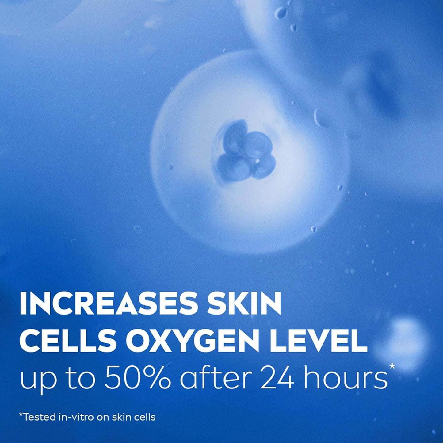 Close-up of skin cells with text about increasing oxygen levels, on a blue background.