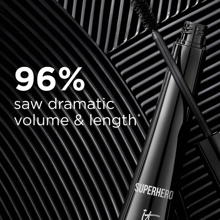 Black mascara with brush on a textured black background, featuring text about volume and length. IT Cosmetics