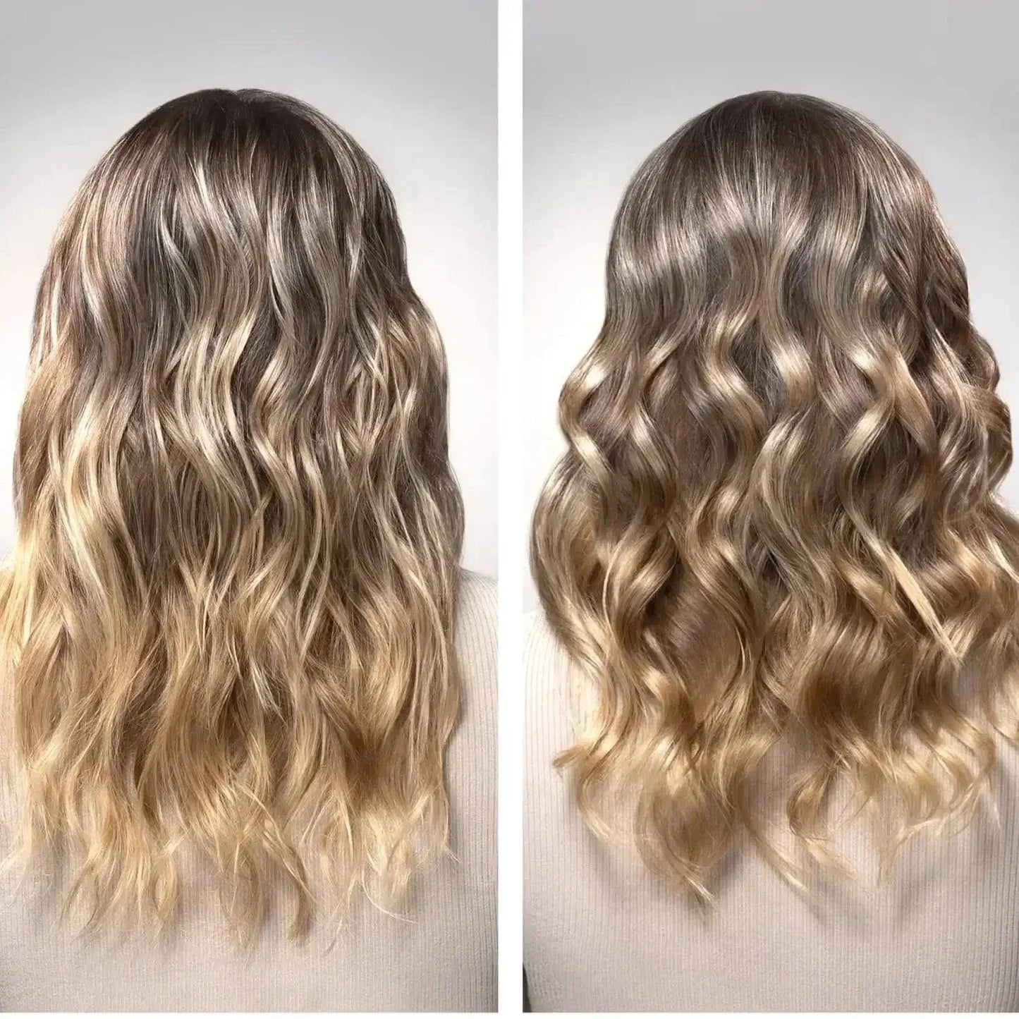 Before and after of wavy, blonde hair showcasing soft, natural hairstyles with a shiny finish.