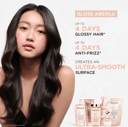 Kerastase Gloss Absolu Duo Bundle showcasing glossy hair, anti-frizz benefits, and ultra-smooth surface for vibrant locks.