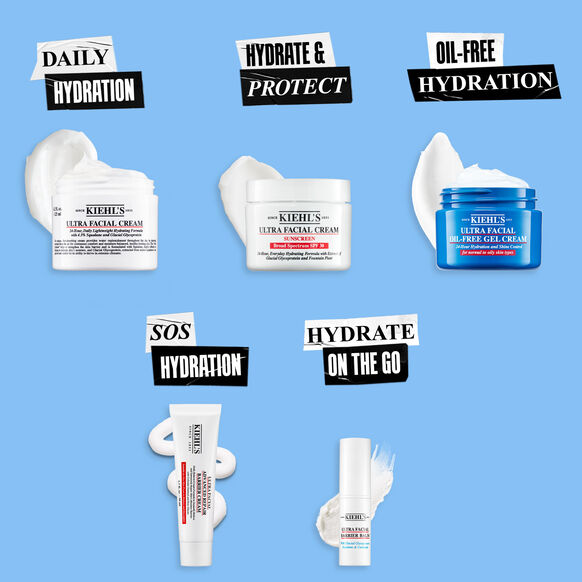 Kiehl's facial cream products with text labels on a blue background