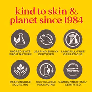 Infographic highlighting Burt's Bees commitment to nature since 1984. Features eco-friendly practices and certifications.