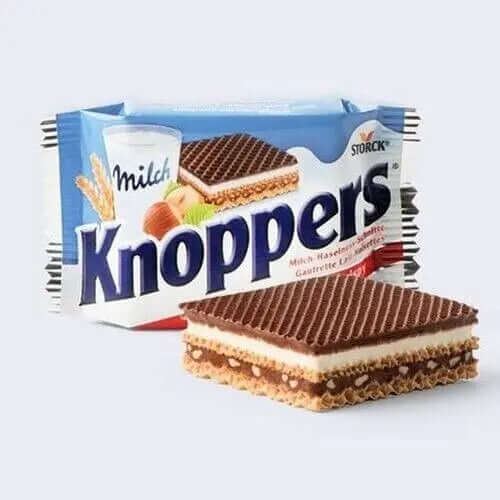 Knoppers Milk Hazelnut Wafer 75g with creamy filling and chocolate coating, ideal for snacking or lunch boxes.