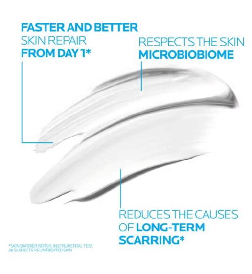 Text highlights on skin benefits: faster repair, microbiome respect, and reducing long-term scarring.