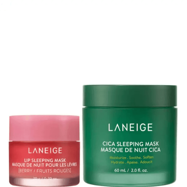 LANEIGE Beauty Sleep Essentials Face and Lip Mask Duo, includes Cica Sleeping Mask and lip sleeping mask for hydration.