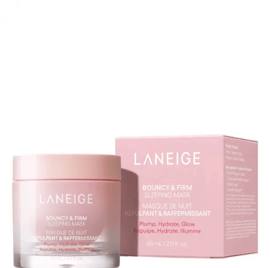 LANEIGE Bouncy and Firm Sleeping Mask 60ml jar and box for hydration and skin elasticity enhancement.