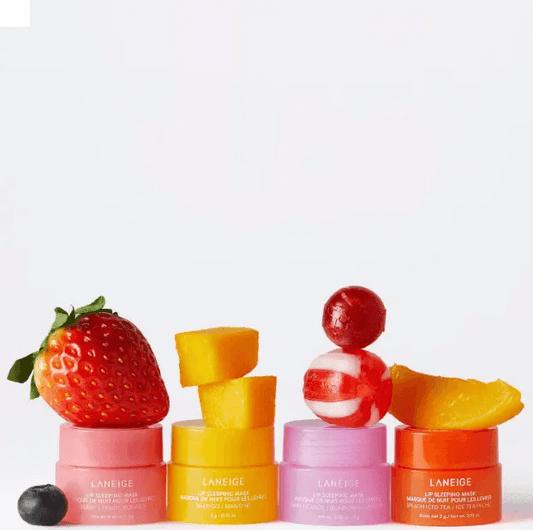 LANEIGE Dreamy Lip Kit featuring mini lip masks in fruity shades: Berry, Mango, Sweet Candy, and Peach Iced Tea.