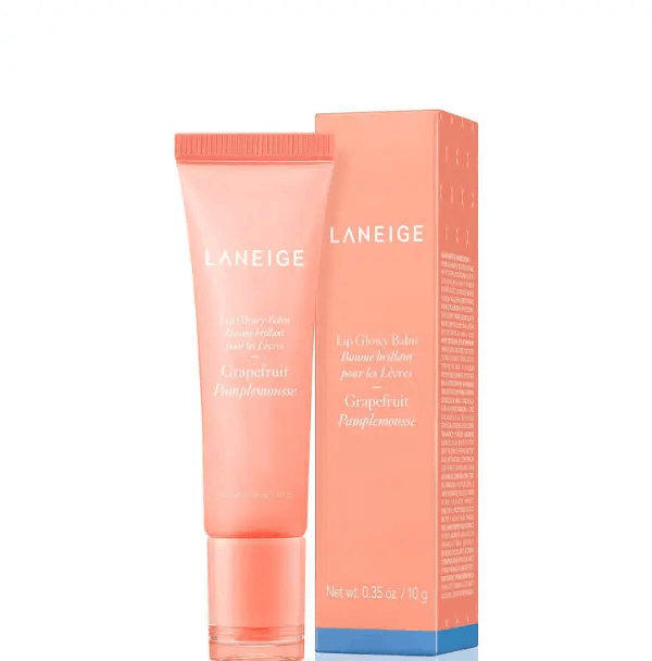 LANEIGE Lip Glowy Balm in Grapefruit, 10g tube with a glossy finish for hydrated, tinted lips.