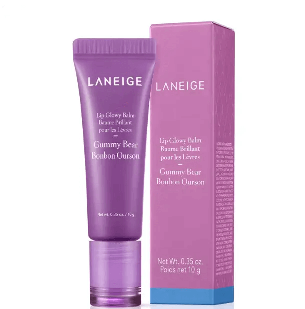 LANEIGE Lip Glowy Balm Gummy Bear 10g tube and box, hydrating lip balm with glossy finish.
