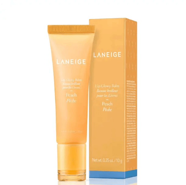 LANEIGE Lip Glowy Balm in Peach 10g tube and box packaging for hydrating lip care with a shiny finish.