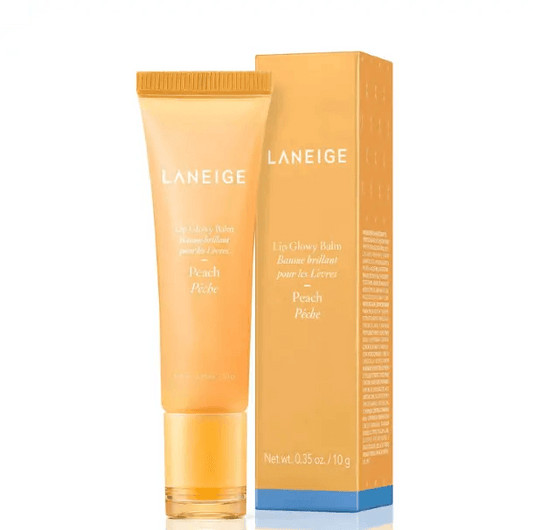 LANEIGE Lip Glowy Balm in Peach 10g tube and box packaging for hydrating lip care with a shiny finish.