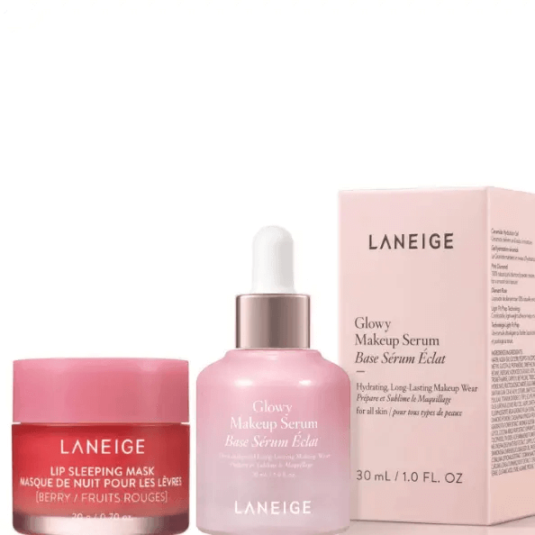 LANEIGE Skin and Lip Faves set featuring Lip Sleeping Mask and Glowy Makeup Serum for radiant skin and lips.