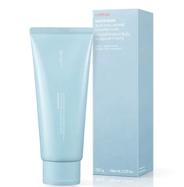 LANEIGE Water Bank Blue Hyaluronic Cleansing Foam 150g, refreshing cleansing foam in a light blue tube with packaging.