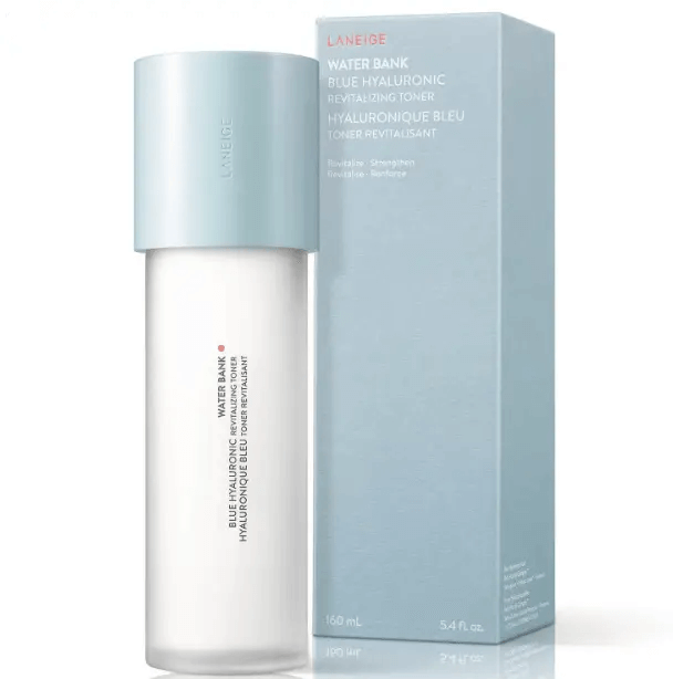 LANEIGE Water Bank Blue Hyaluronic Revitalizing Toner 160ml bottle and packaging for long-lasting hydration and luminous skin.