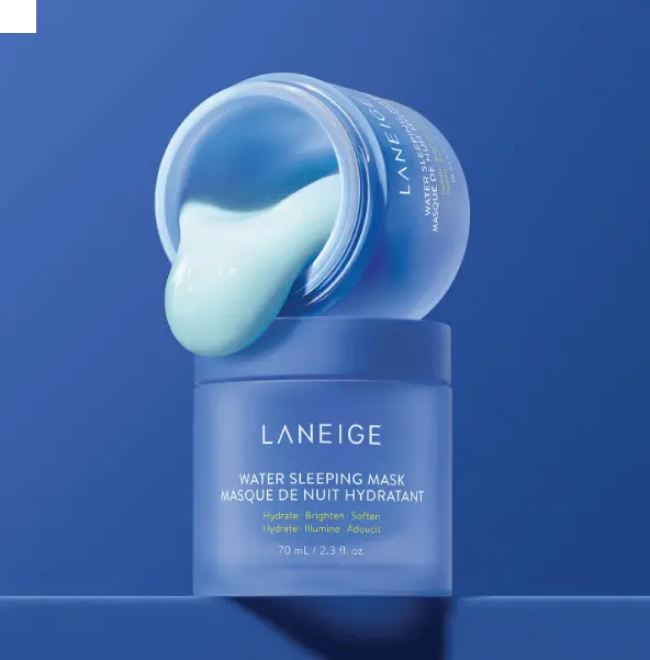 LANEIGE Water Sleeping Mask Probiotics 70ml jar with green gel mask texture, promoting hydration and skin rejuvenation.
