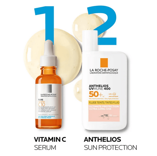 La Roche-Posay Vitamin C Serum and Anthelios UVMune 400 SPF50+ Sun Protection duo for ultimate skin defense.