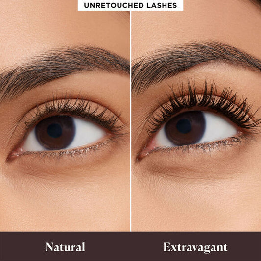Laura Mercier Comparison of natural and extravagant lashes on a person's eye.