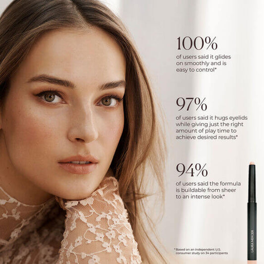 Model showcasing Laura Mercier Caviar Stick Eye Colour Matte - Au Naturel with user satisfaction quotes.