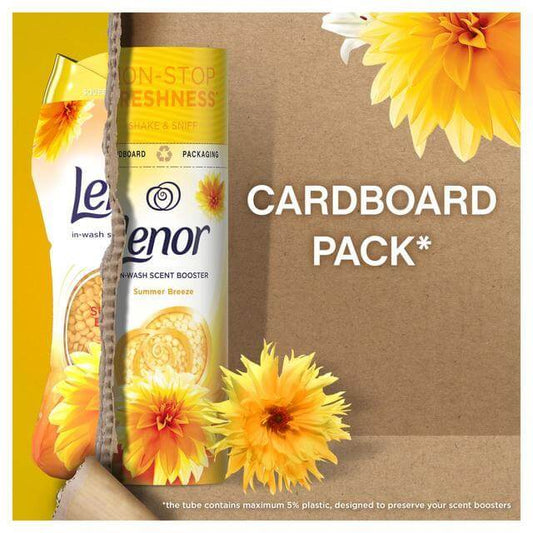 Lenor In-Wash Scent Booster Summer Breeze in recyclable packaging with vibrant flowers and freshness label.