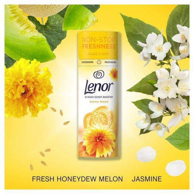 Lenor In-Wash Scent Booster Summer Breeze with honeydew melon and jasmine, promoting non-stop freshness for laundry.