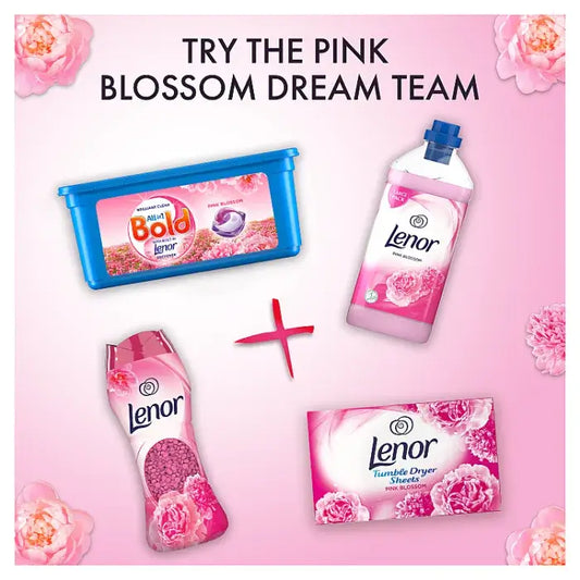 Lenor Pink Blossom Dream Team featuring fabric conditioner and tumble dryer sheets for fresh laundry.