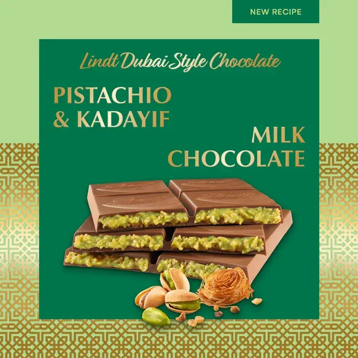 Lindt Dubai Style Chocolate Bar featuring Pistachio and Kadayif in Milk Chocolate with a decorative green background.