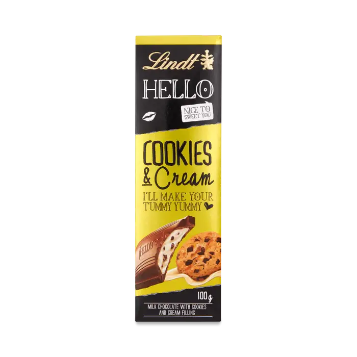 Lindt HELLO Cookies & Cream Bar 100g, featuring milk chocolate with cookies and cream filling, perfect for indulgent treats.
