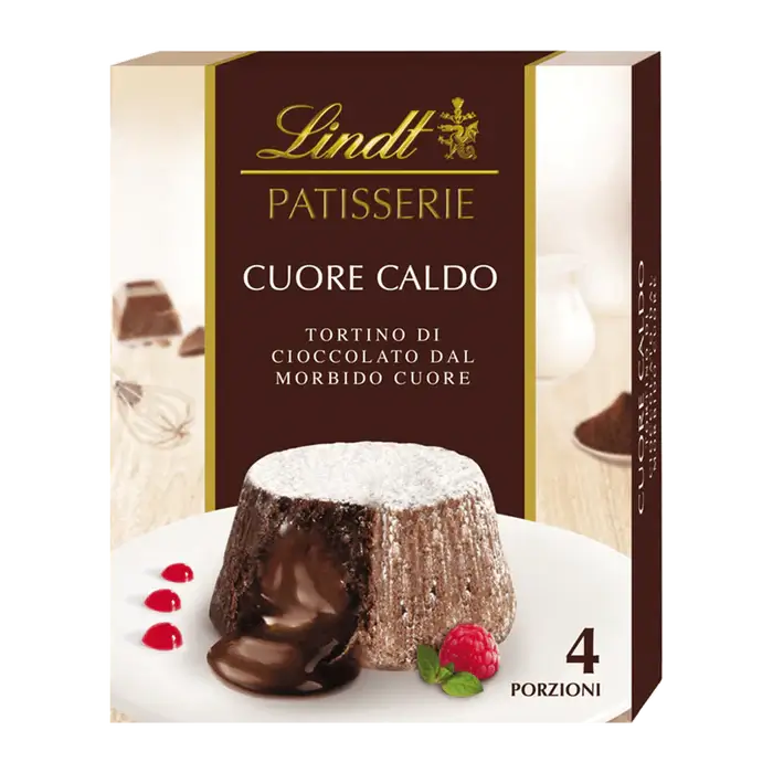 Lindt Chocolate Lava Cake Mix packaging featuring a decadent chocolate dessert with a gooey center.