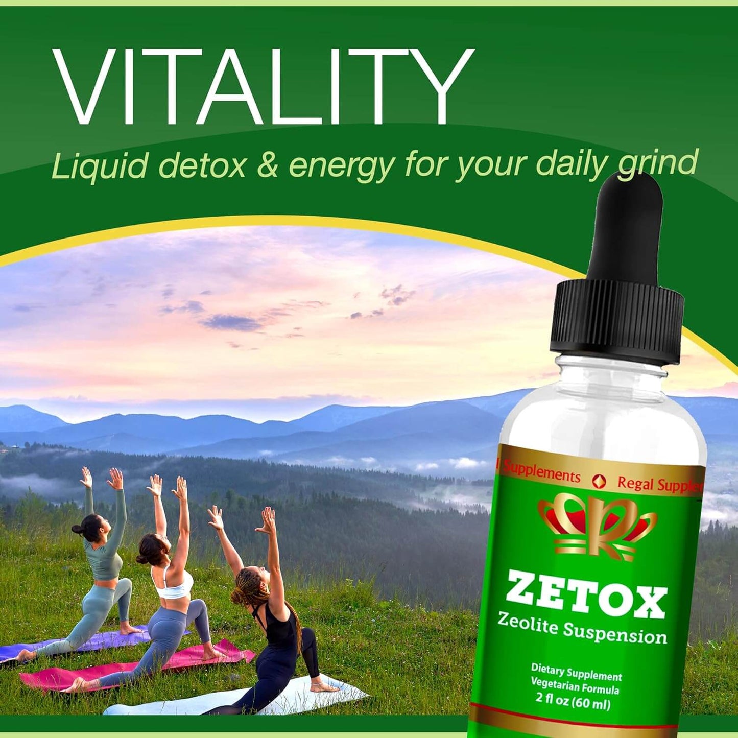 Liquid Zeolite by Zetox promotes vitality with natural detox; enhanced with Vitamin B12 and D for energy and wellness.