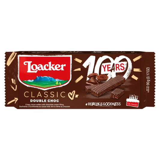 Loacker Classic Double Choc wafer biscuits pack celebrating 100 years with crispy cocoa wafers and chocolate cream filling.