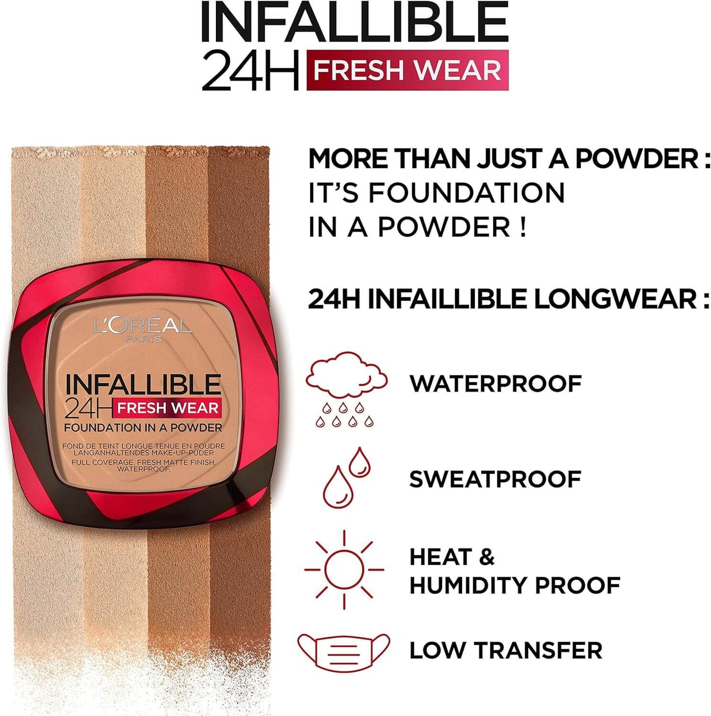 L'Oreal Infallible 24H Fresh Wear foundation in a powder packaging with product features listed.