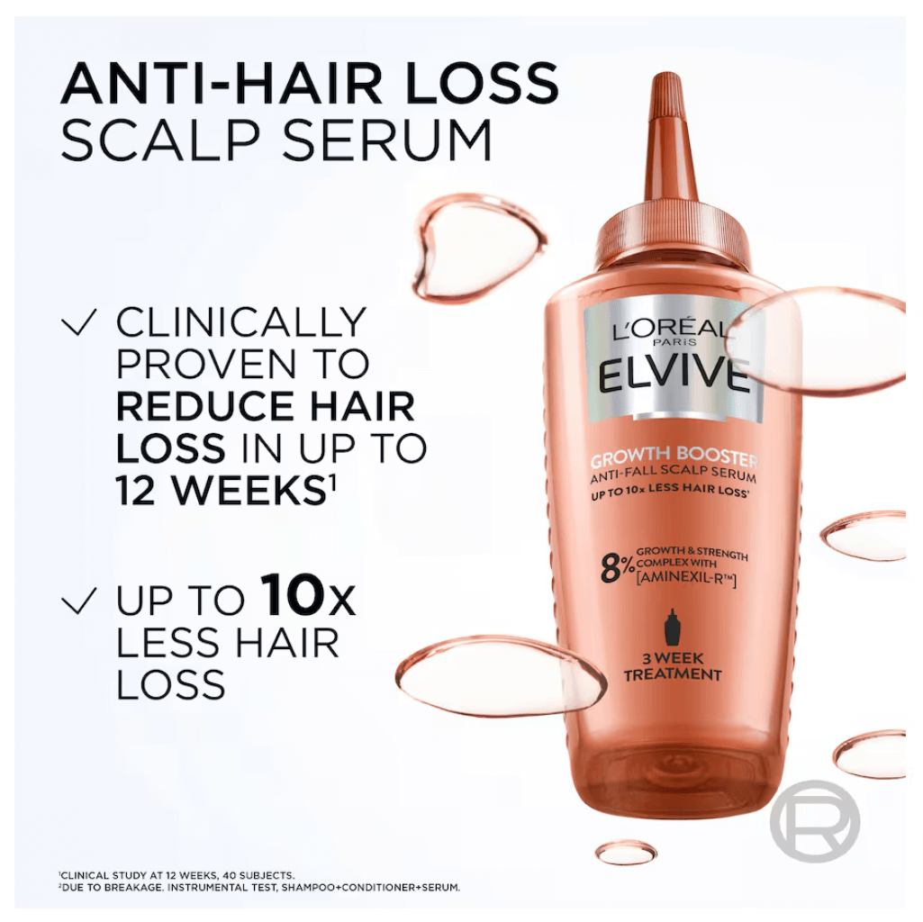 L'Oreal Paris Elvive Growth Booster Anti-Hair Loss Serum, clinically proven to reduce hair loss in up to 12 weeks.