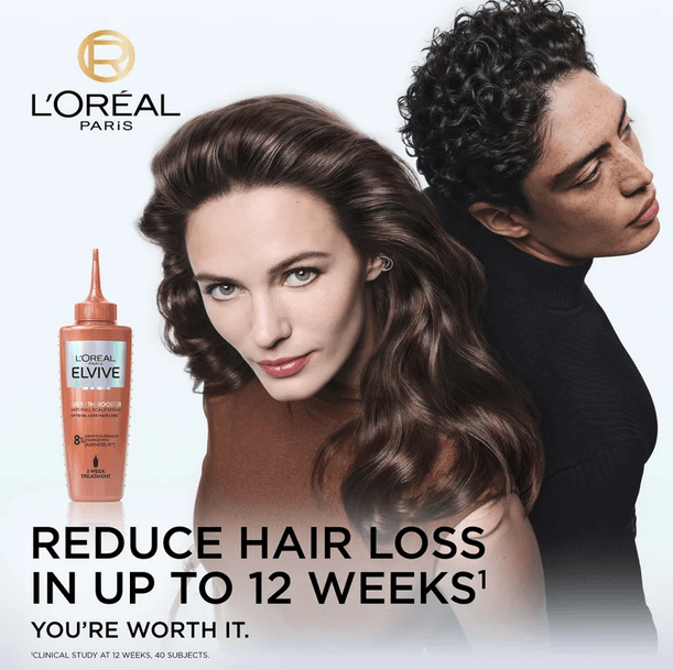 L'Oreal Paris Elvive Growth Booster Serum for reducing hair loss, shown in a beauty advertisement with models.