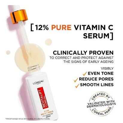 L'Oreal Revitalift Clinical 12% Pure Vitamin C Serum 30ml with dropper, promotes even tone and reduces pores.