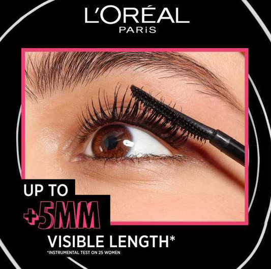 Close-up of eye showcasing L'Oreal Paris Telescopic Mascara for up to +5mm visible length and defined lashes.