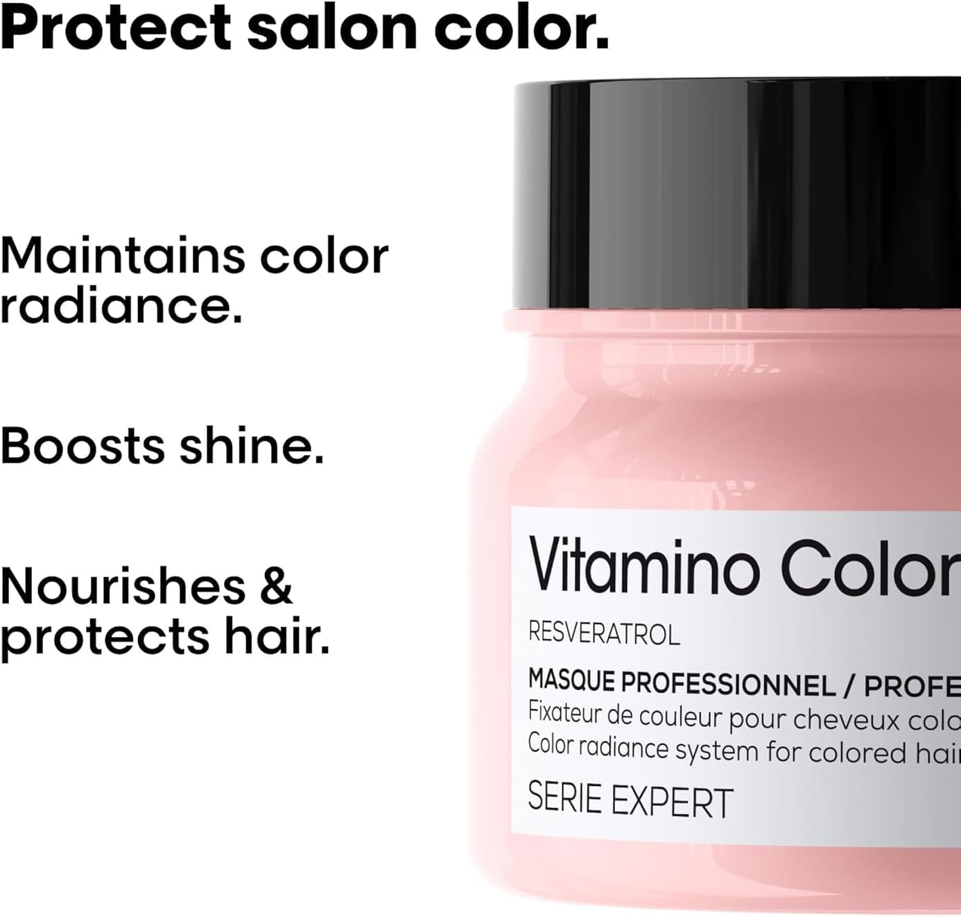 L'Oreal Professionnel Vitamino Masque 250ml Pink hair mask jar with text highlighting its benefits on a white background