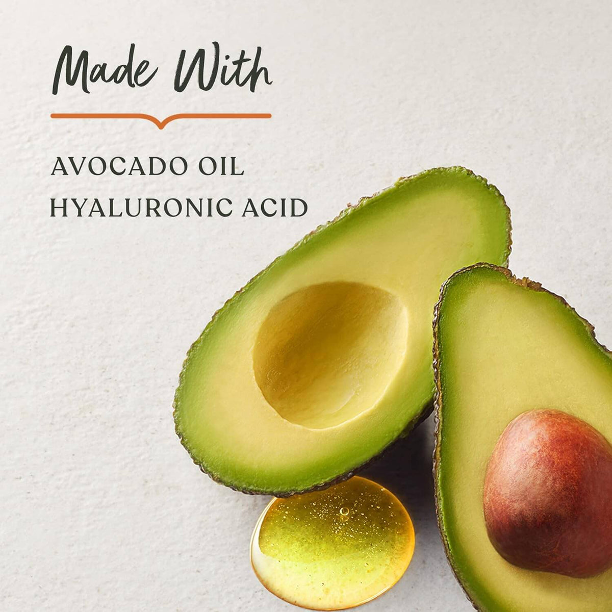 Sanctuary Spa Two halves of an avocado on a light background with text about avocado oil and hyaluronic acid.