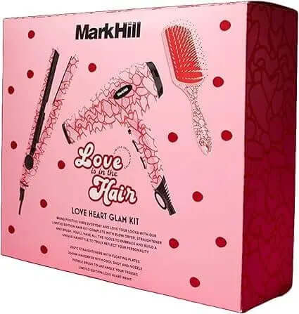Mark Hill Love Is In The Hair Glam Kit features a hairdryer, styling tools, and a brush in a vibrant package.